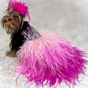 Handmade Ombré Sequin Ostrich Feather Dog Dress In Barbie Pink!